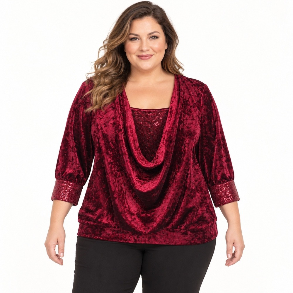 BloomChic Women's 14-16 Burgundy Velvet Sequin Cowl Neck Party Top NWT
